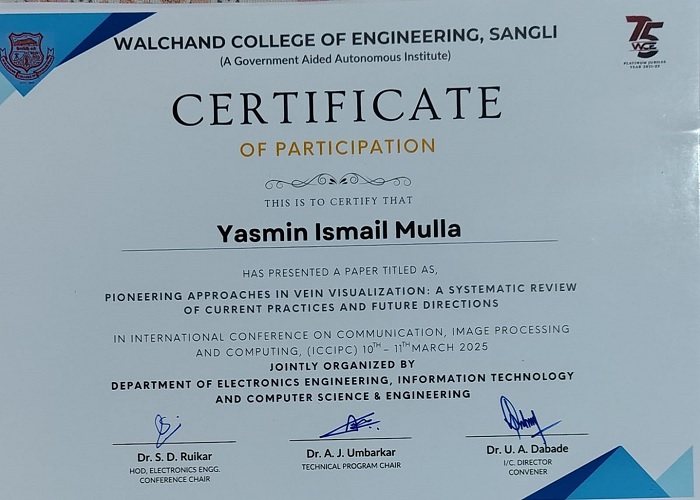 Mrs. Yasmin Mulla has presented a paper titled as Pioneering Approached in Vein Visualization