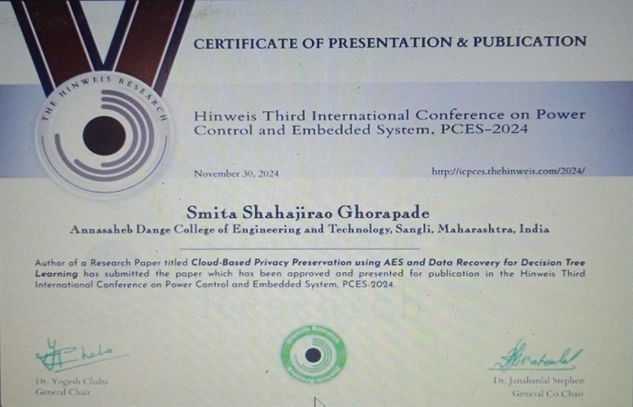 Ms. S. S. Ghorpade has successfully submitted research paper on Cloud Based Privacy Presentation