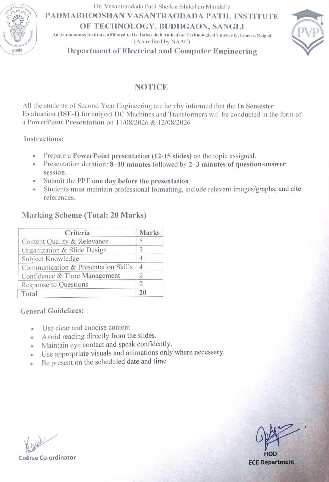 In-Semester Evaluation (ISE-I) for subject DC Machines and Transformers