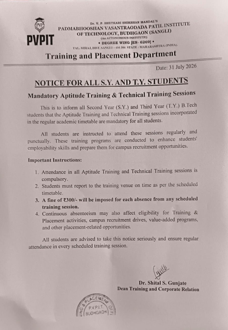 Notice for All S.Y. and T.Y. students for Training and Placement Department