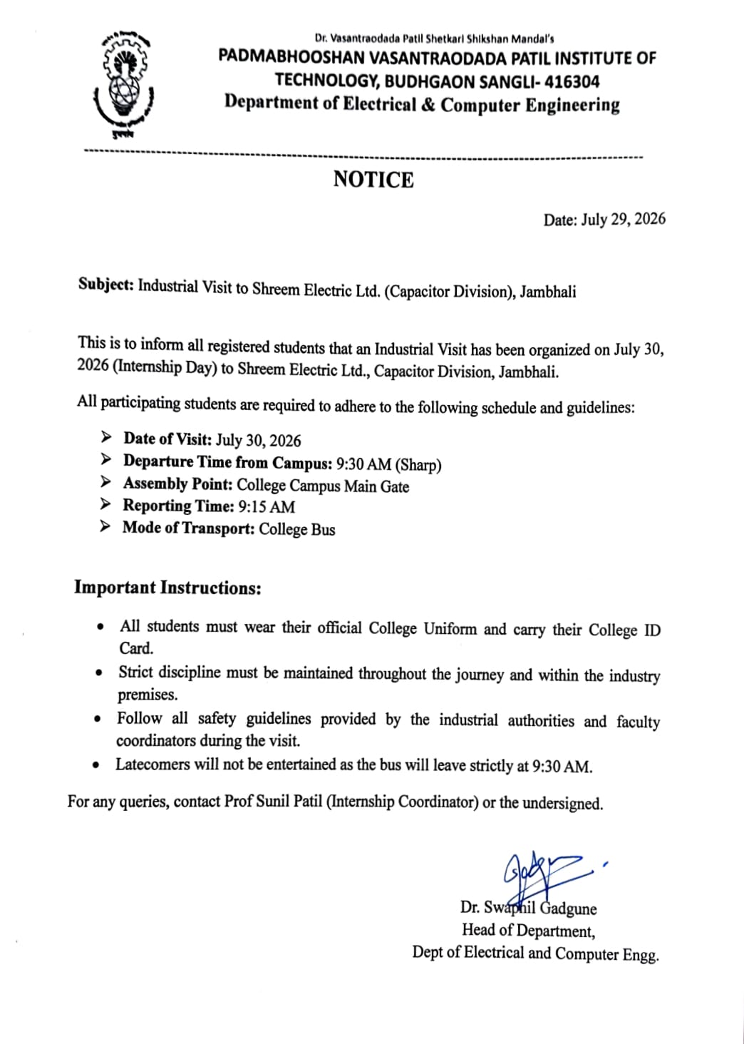 Notice for all S.Y. Students for Industrial Visit